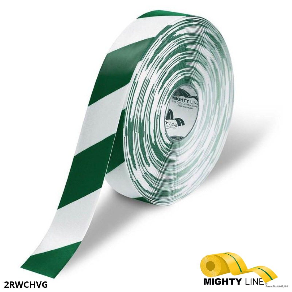 Mighty Line White Tape with Green Chevrons - 100’ Roll – 2 Inch Wide