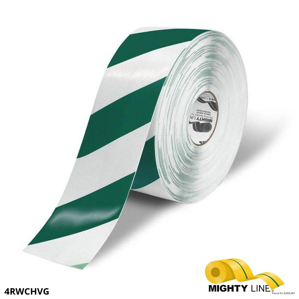 Mighty Line White Tape with Green Chevrons - 100’ Roll – 4 Inch Wide - 5S Floor Tape LLC