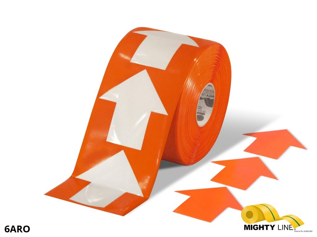6 Inch Wide Orange Mighty Line Arrow Pop Out Tape - Contains 280 Arrows - 5S Floor Tape LLC